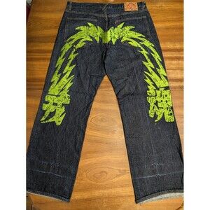 Vintage Evisu Jeans 42 (40x32) Green Graphic Print Dark Denim Streetwear Hip Hop